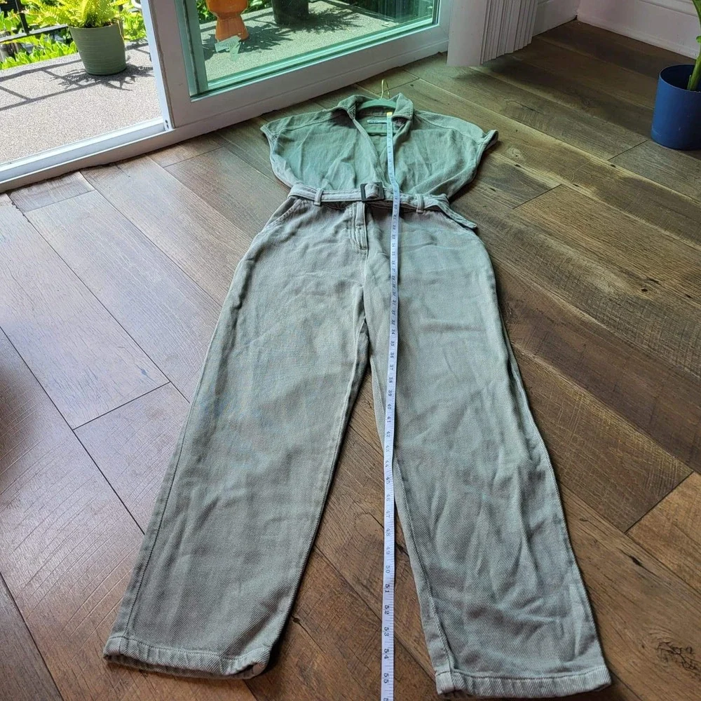 Zara Womens Sage Green Denim Belted Utility Jumpsuit Short Sleeve XS 1887/163